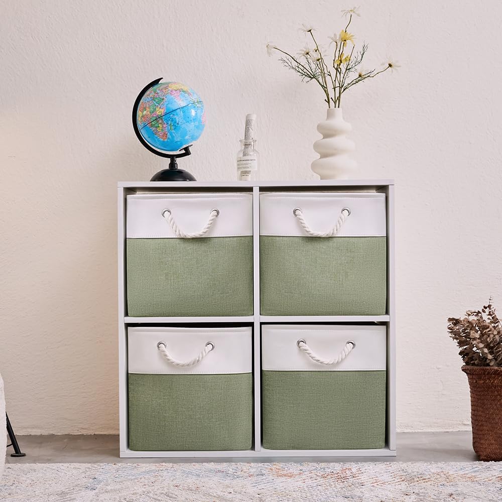Fabric Storage Cubes 13 x 13, Collapsible Storage Bins for Shelf Baskets, Cube Storage Organizer White Green Bins with Cotton Handles, Foldable Storage Bin box, Cube Storage Bin 6 Pack - Image 2