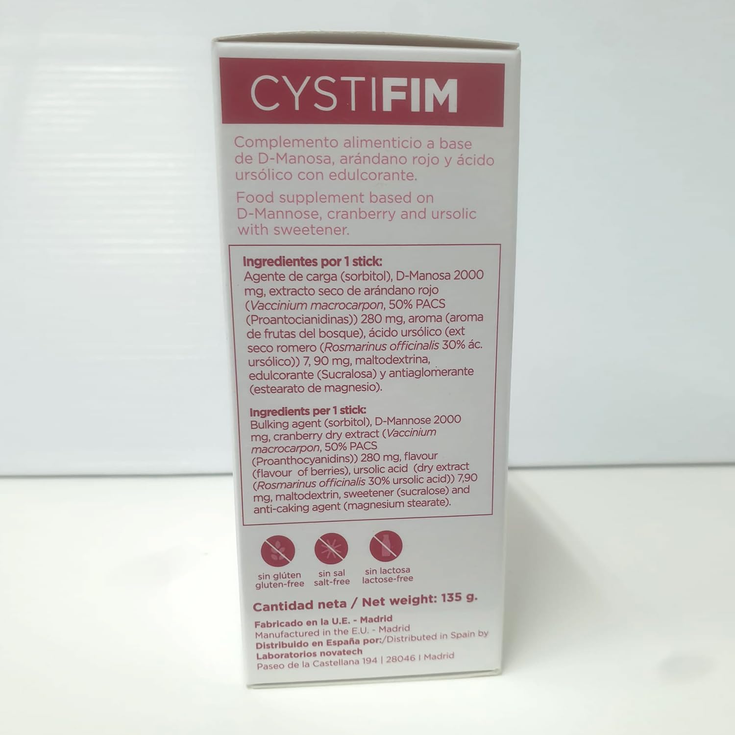NOVATECH - CYSTIFIM - 30 Sticks - Complemento Alimenticio - D-Manosa + Arándano Rojo + Ácido Ursólico - Prevención de Infecciones Urinarias y Cistitis - Mantenimiento del Sistema Inmunológico