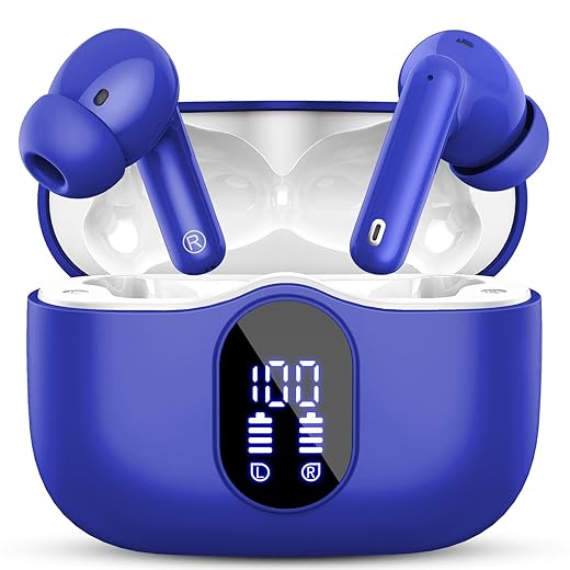 Wireless Earbuds, Bluetooth 5.4 Headphones Bass Stereo, Ear Buds with Noise Cancelling Mic, LED Display in Ear Earphones Clear Calls, IP7 Waterproof Bluetooth Earbuds for Laptop/Phones/Sports, Blue