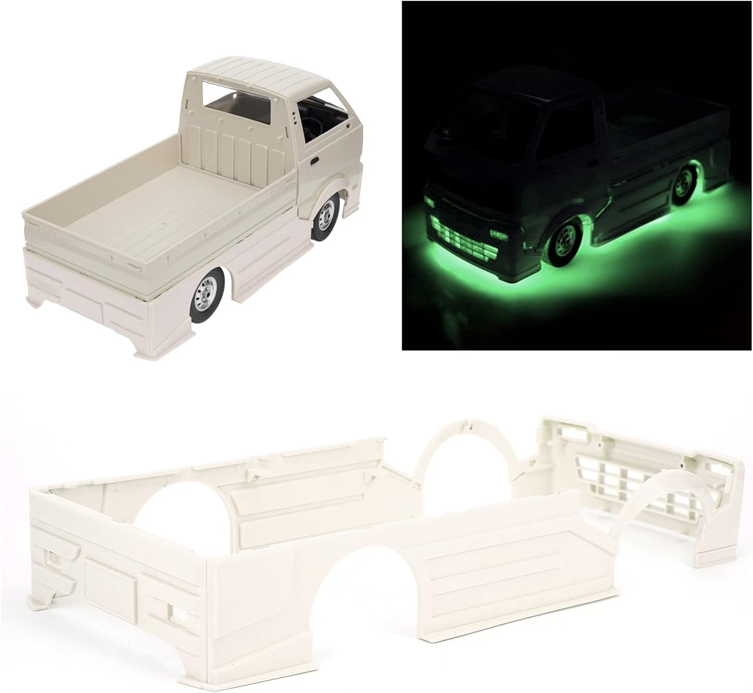 RC Wide Body with LED Light, RC Wide Body Kit Remote Control Car Large Surrounding Cover for WPL D12 Truck(Green)