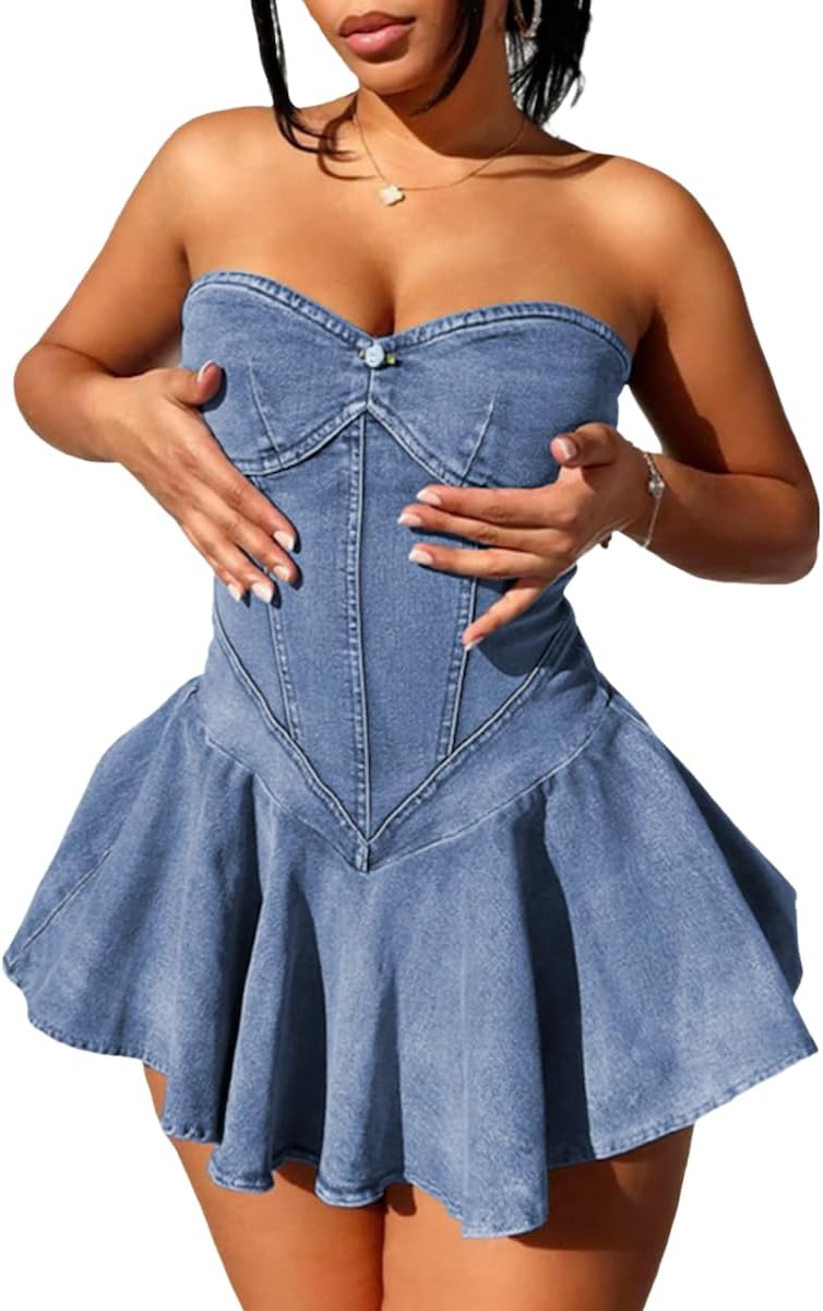 Womens Strapless Summer A-Line Denim Mini Dress Guyana Ubuy