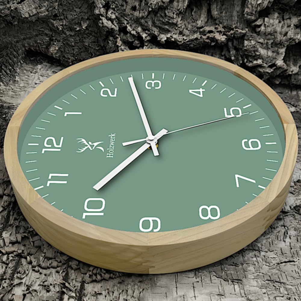 Holzwerk NAUMBURG Natur Holz Wanduhr Quarzwanduhr Moderne Wand-Uhr Glas Grün Buche nahezu lautloses Uhrwerk aus handgefertigtem Massivholz 30 cm Durchmesser (Grün-Beige)
