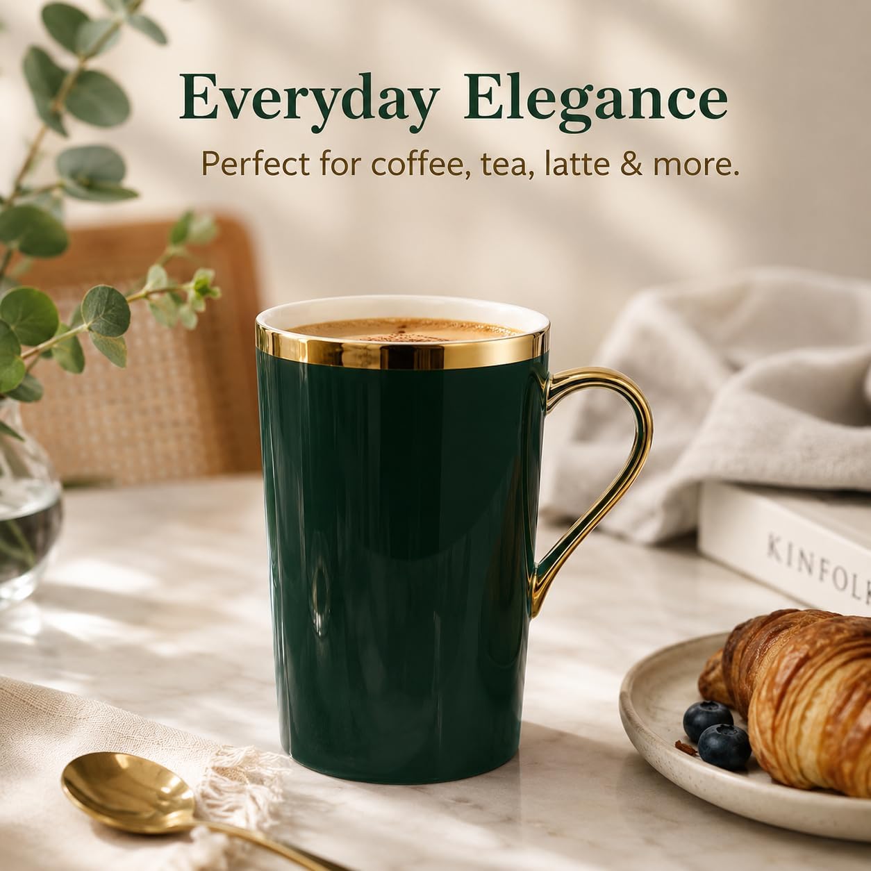 Green and Gold Coffee Mugs Set of 6, 12 oz Porcelain