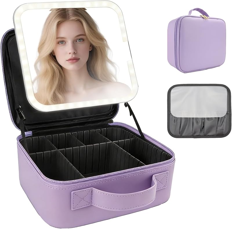 Maleta de maquiagem SLUMAZI com espelho LED, divisórias ajustáveis e porta-pincéis, Purple
