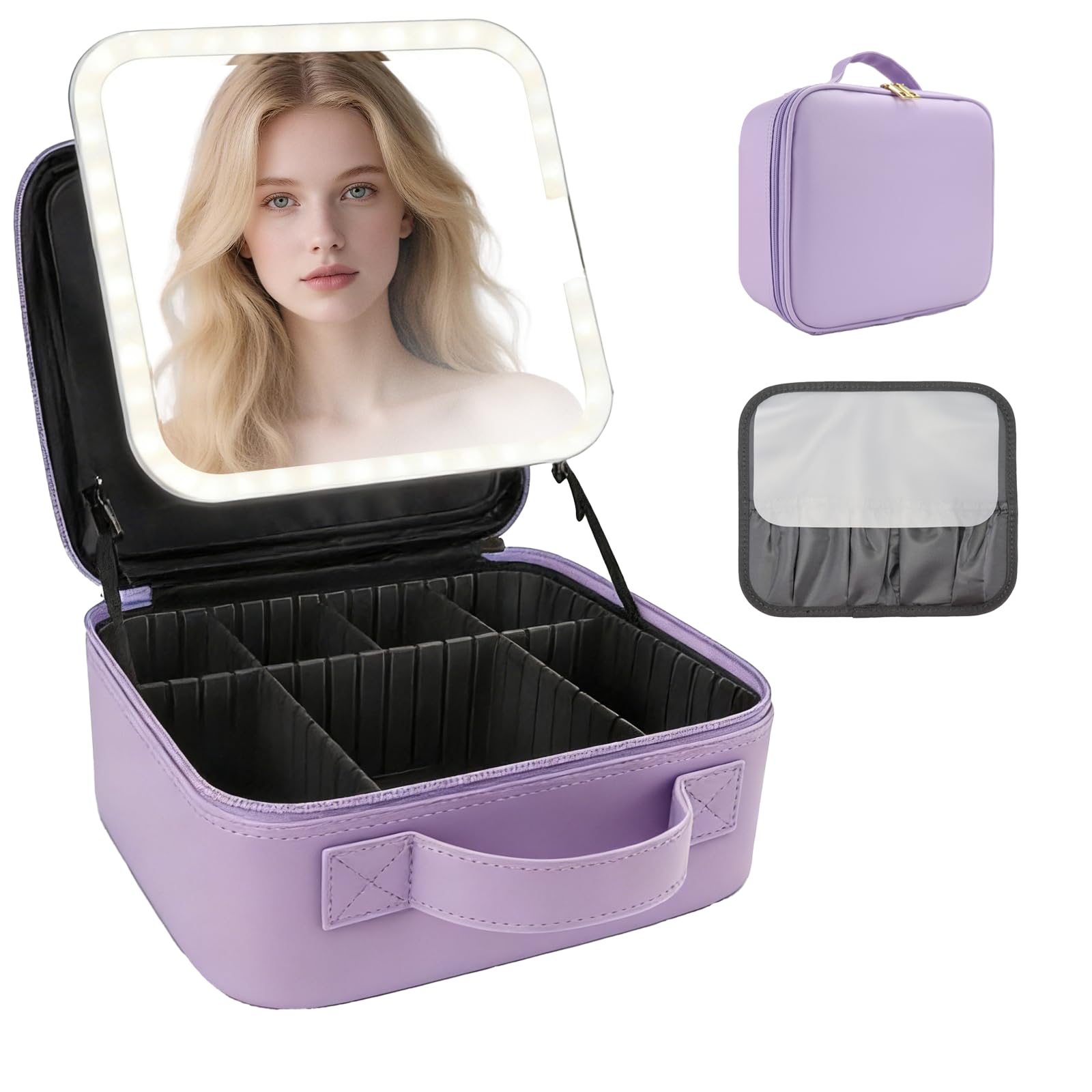 Make-up-Tasche mit LED-Spiegel, Reise-Make-up-Organizer mit 3 beleuchteten Einstellungen, verstellbaren Trennwänden und Make-up-Pinsel-Aufbewahrung, 6-Purple