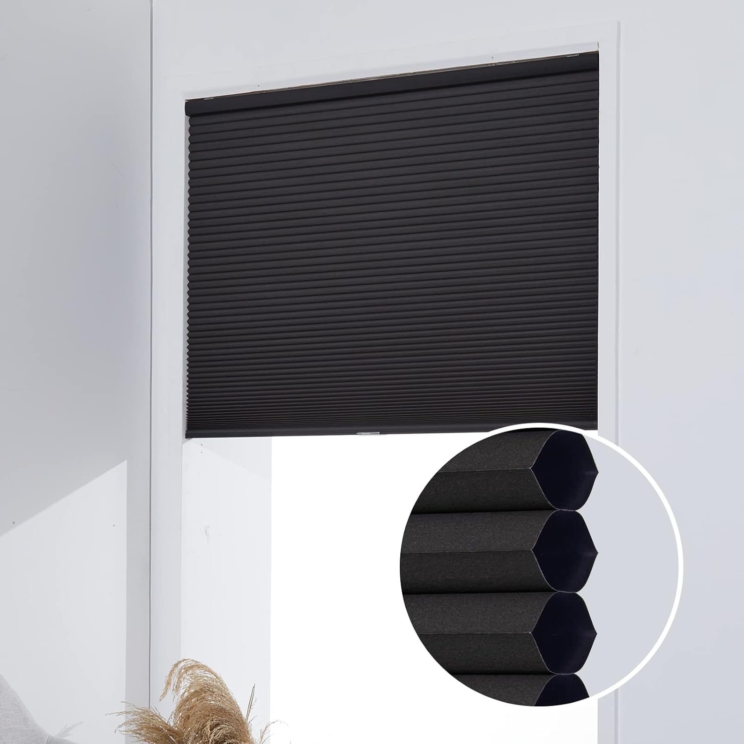 Persilux Custom Size Blackout Cellular Blinds for Windows - Cordless Honeycomb Shades for Home, Room Darkening, Door - Black