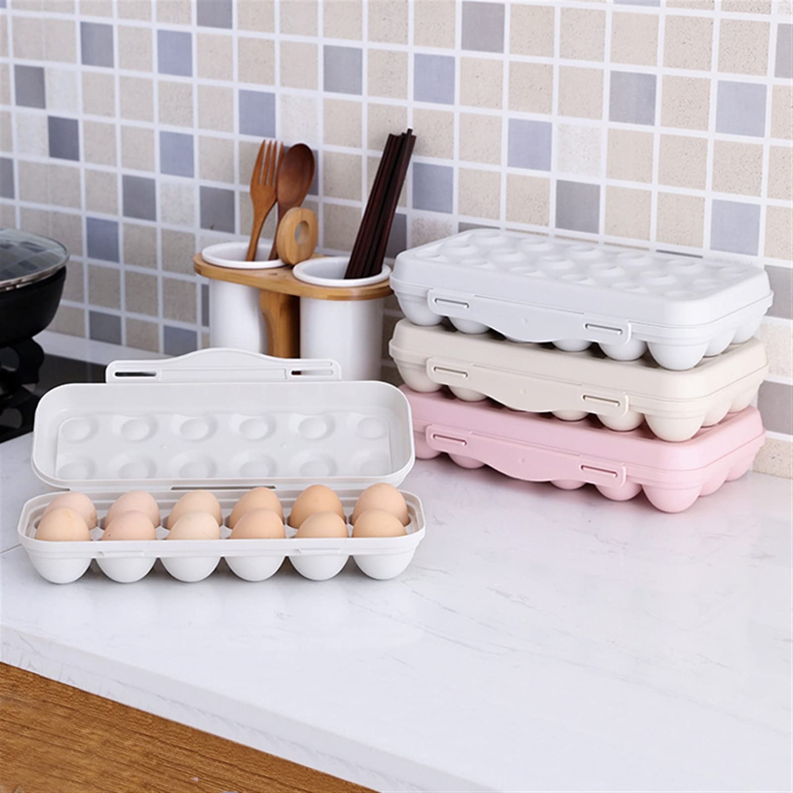 Cesta para Huevos Bandeja portahuevos Tipo a presión Cocina apilable Recipiente de Almacenamiento de Huevos antirotura con Tapa para refrigerador (1)