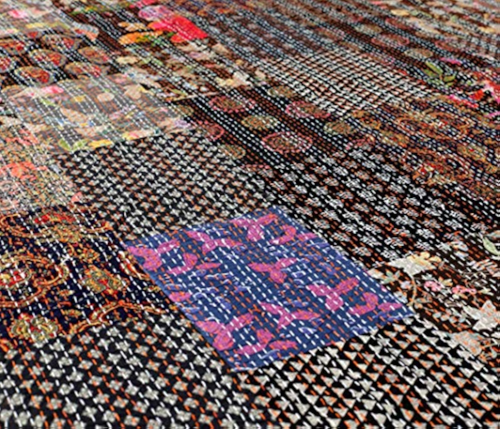 Patchwork Kantha Work Quilt Bedspread, Hand Printed Cotton Bedding