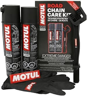 Motul C1 Chain Cleaner and C2 Motorcycle Chain Lube Kit with Brush, Gloves, and Sticker, Complete Road Motorcycle Maintenance Kit for Street Bikes and Karts