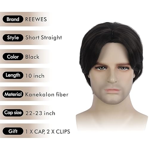 Miniatura 10 de REEWES - Peluca de parte media para hombre, peluca corta y rizada completa con flequillo barrido lateral, sintética natural para uso diario,