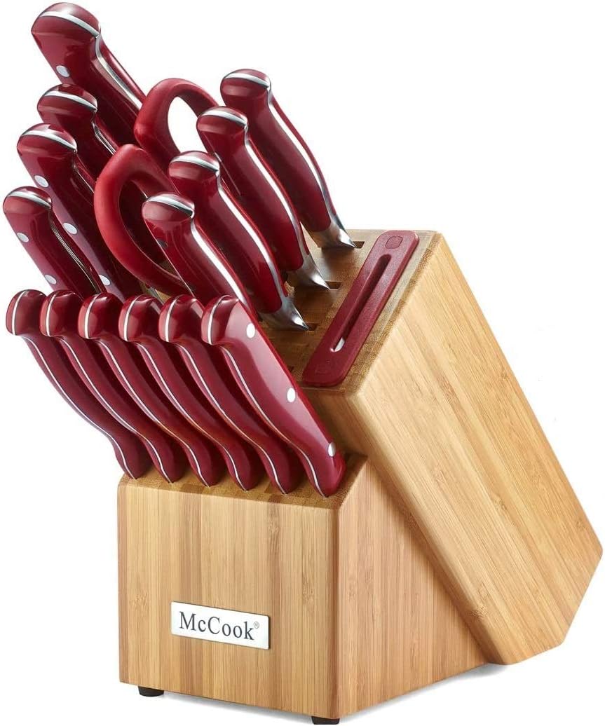McCook MC34 16 Pieces Forged Triple Rivet Knife Set in Bamboo Block with Built-in Sharpener, Red