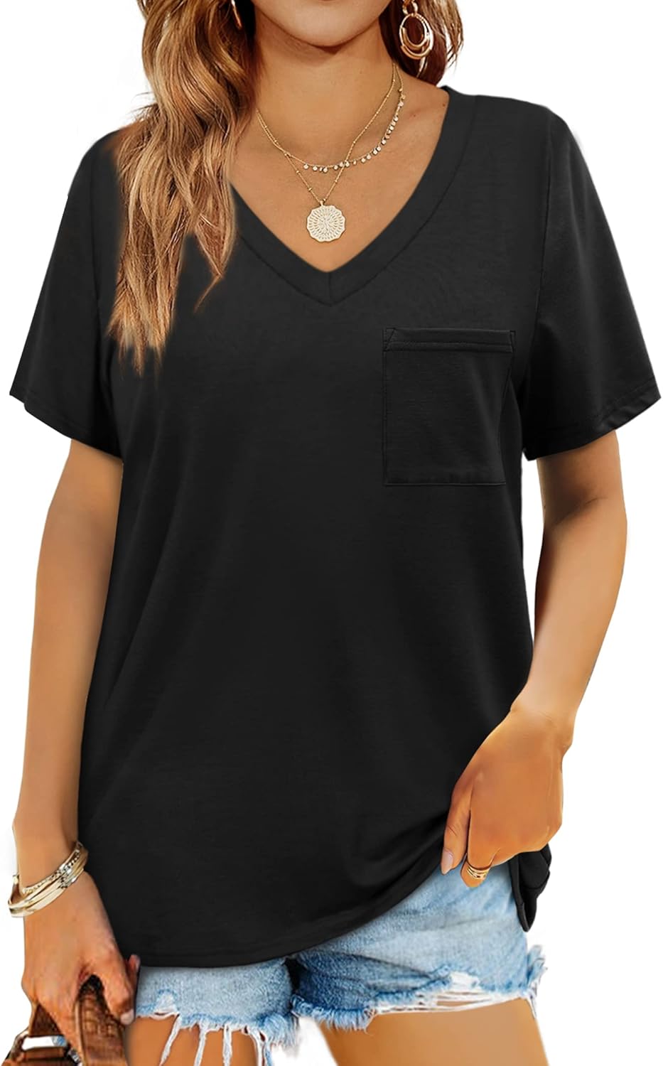 Miniatura 3 de Geifa Camisetas de manga corta con cuello en V para mujer, camisetas casuales de verano con bolsillo