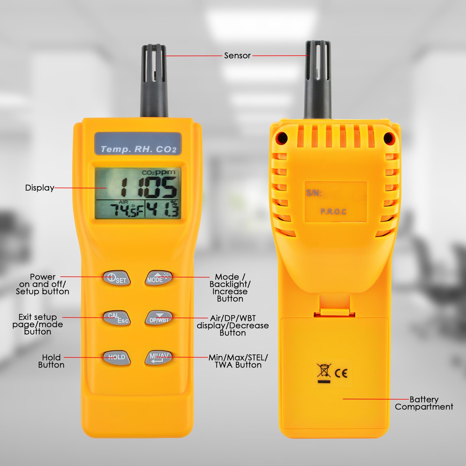 Medidor de CO2 de mano, detector de CO2, monitor digital de CO2 de 0 a 9999 ppm, medidor de temperatura y humedad, detector de dióxido de carbono con sensor NDIR, alarma de zumbador y función
