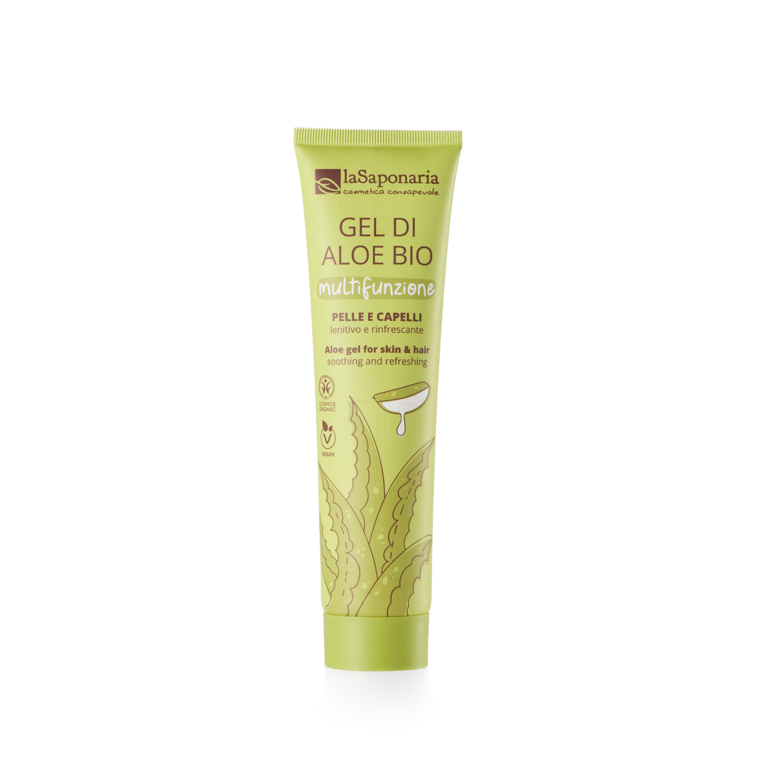 La Saponaria | Gel di Aloe Vera Bio 150 ml, 96% Aloe Vera Pura, Ideale per idratare, lenire e rigenerare la pelle. Perfetto dopo sole, rasatura o come trattamento quotidiano per viso e corpo, 150 ml.