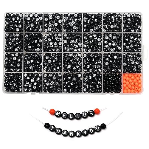 Image of Melius Acrylic Letter Beads, Black & Orange, 4x7mm Round, 1450 Pcs | 4x7mm, Alphabetical Flat Round Beads, 28 Grid Box, for Jewelry Making, DIY Friendship Bracelets, Necklaces, Key Chains