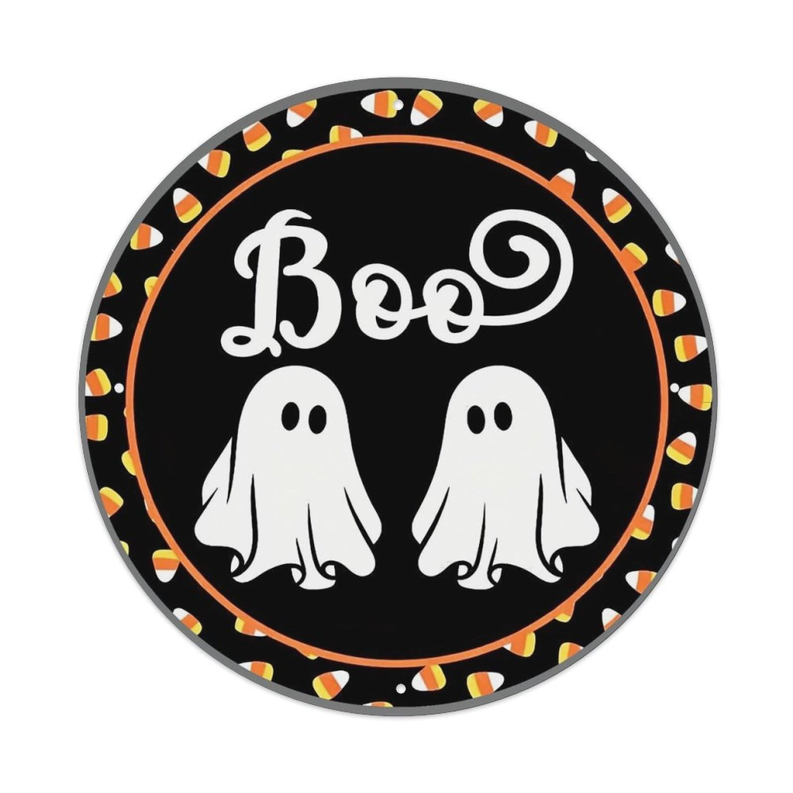 Boo Ghosts Candy Corn Pattern Vintage Metal Tin Sign Retro Wall Decor for Home Bar Garage Cafe, Indoor & Outdoor Decorative，circle Metal Poster, 8x8 Inch