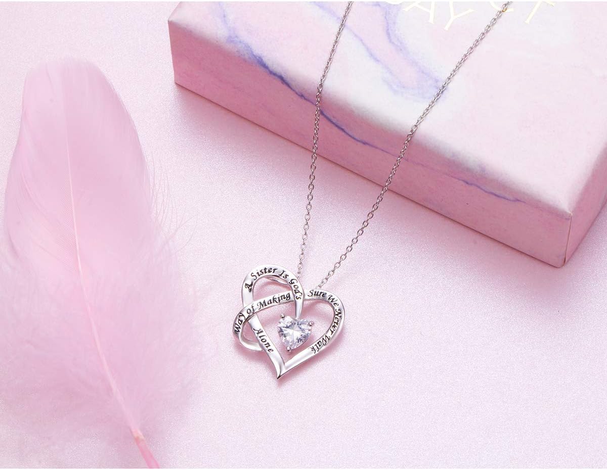 FLYOW A Sister is God's Way of Making Sure We Never Walk Alone Engraved Heart Pendant Necklace 925 Sterling Silver Friendship Jewelry for Women Sisters Siblings,18 inch - Image 4