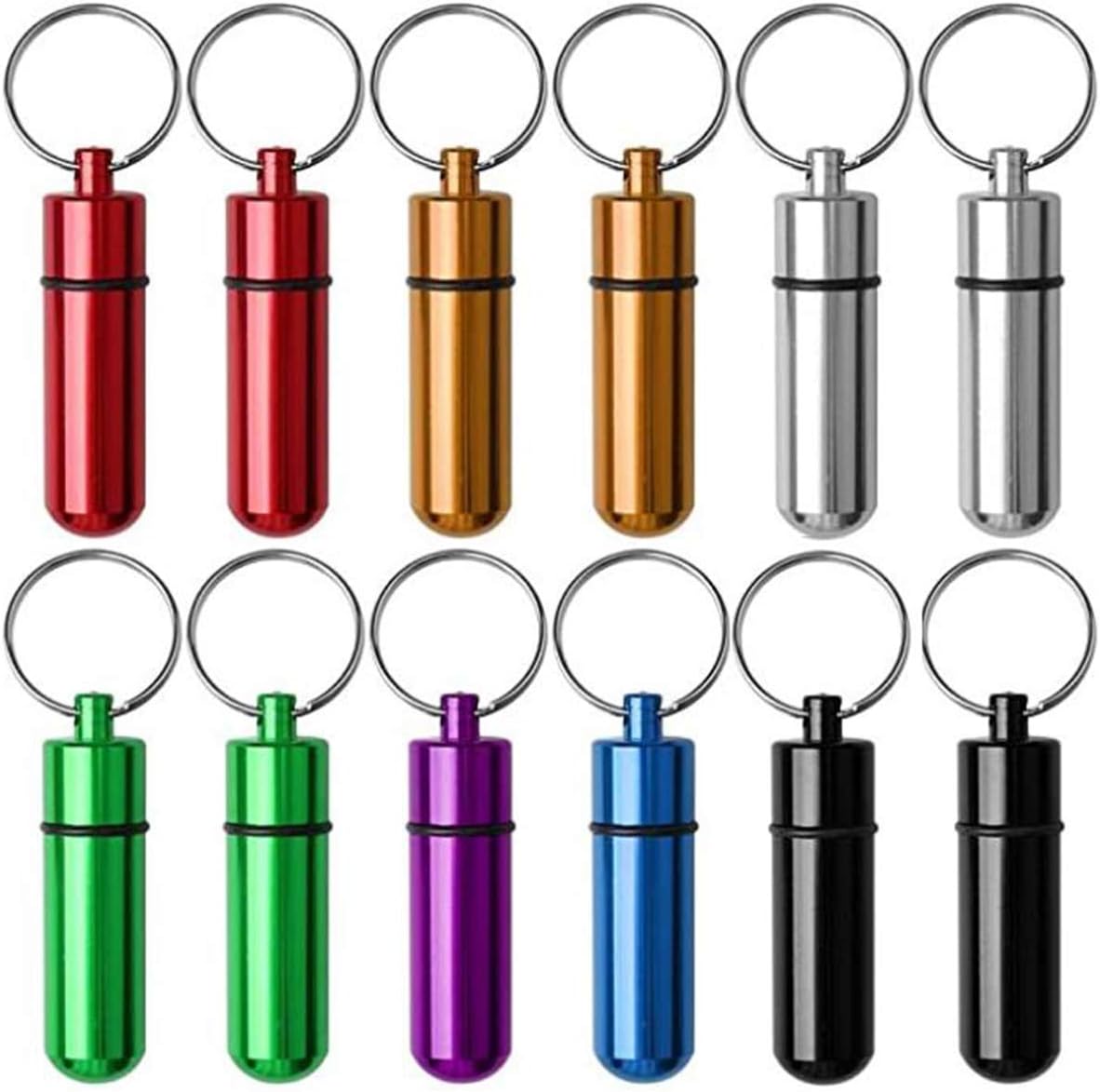 12PCS Mini Aluminum Keychain Pill Holder Fob, Waterproof Tablet Case Box, Little Single Daily Pill Bottle for 7 Day (12pcs in 7 Colours)