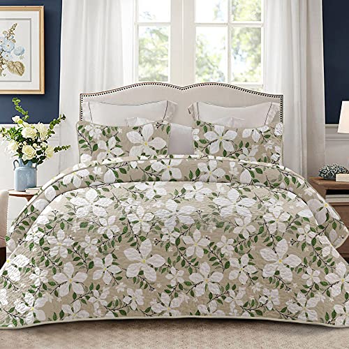 Whale Flotilla Reversible Floral Quilts Full Queen Size, Lightweight Boho Printed Bedspreads Coverlets Quilt Bedding Set with 2 Pillow Shams for All Seasons, White/Bone