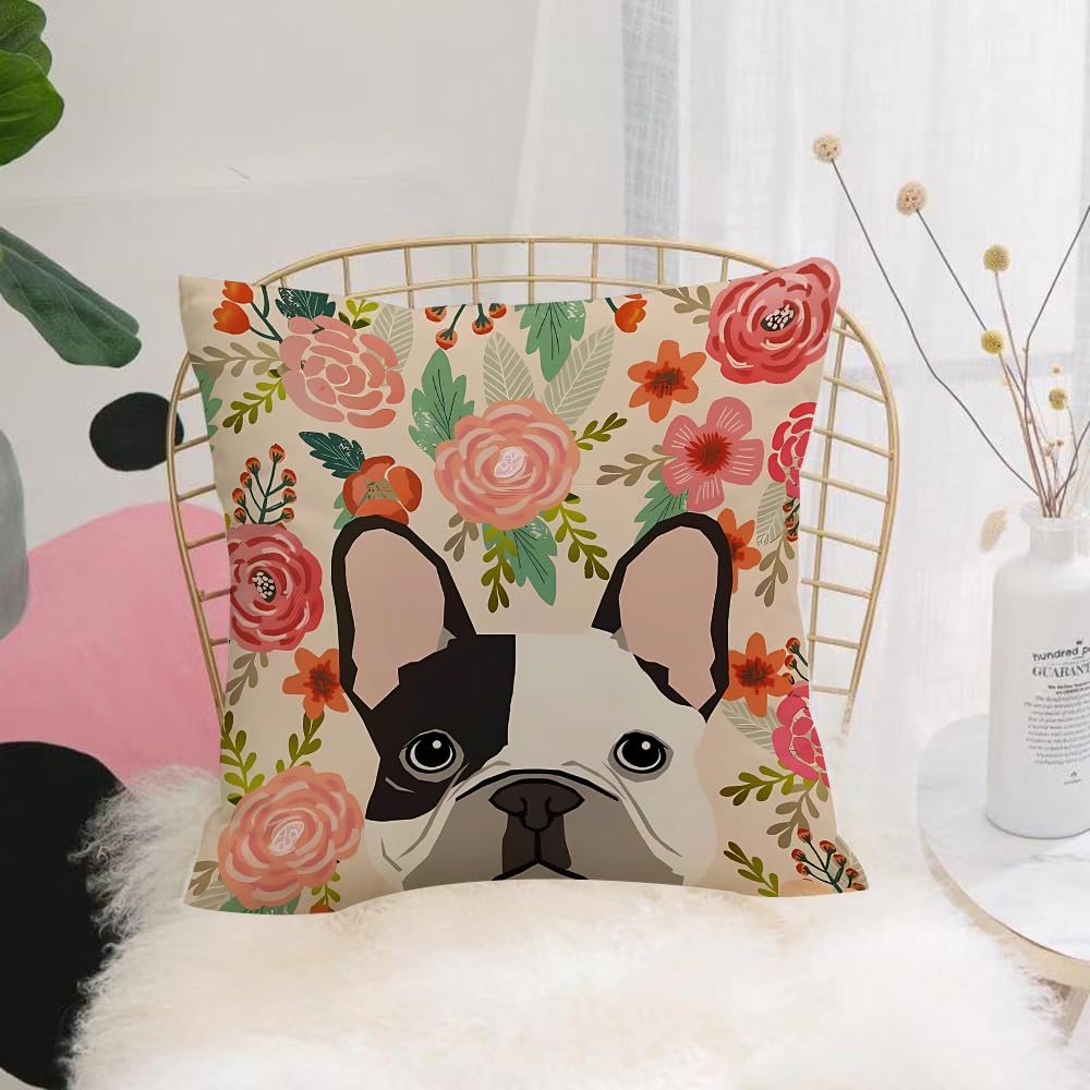 Hyosxw Portrait Of English Bulldog With Floral Head - A10 Cushion Cover,Throw Pillow Case Home Decorative For Living Room Bedroom Sofa Chair 18X18 Inch,Portrait Of English Bulldog With Floral Head Wreath. Hand-Drawn Illustration Di,Pillowcase 45X45cm