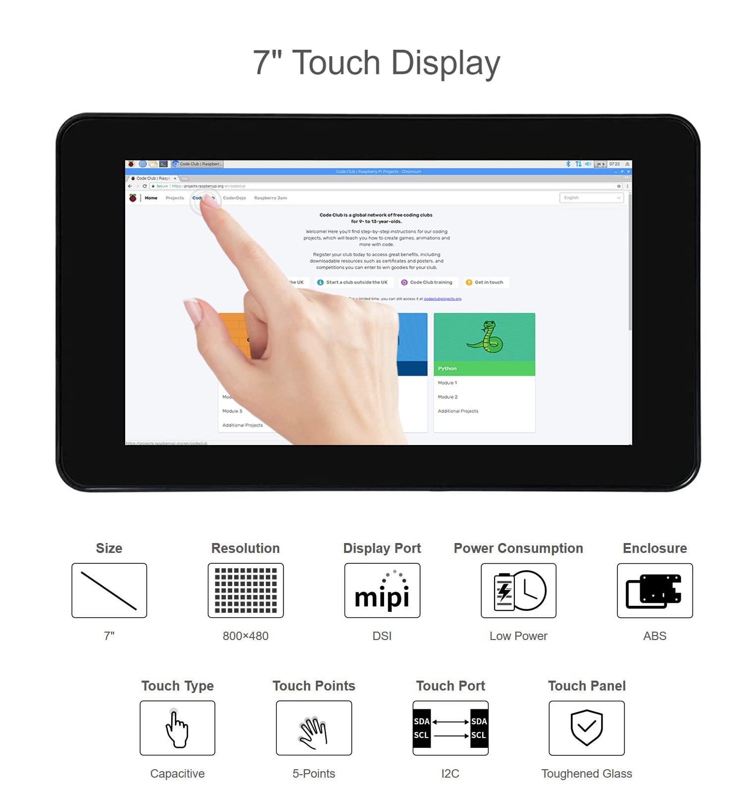 Waveshare 7 Zoll DSI LCD Touchscreen Display mit Schutzhülle für Raspberry Pi 4B, 800x480 TFT Bildschirm Monitor Kapazitives Touch Display Unterstützt Raspbian/Ubuntu/Kali/Win 10 IoT