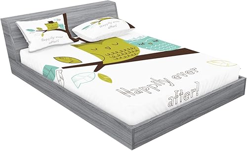 Miniatura 2 de Lunarable Owls Fitted Sheet & Pillow Sham Set, 2 Owls on Tree Branch Happily Ever After Message Romantic Art, Decorative Printed 3 Piece Bedding