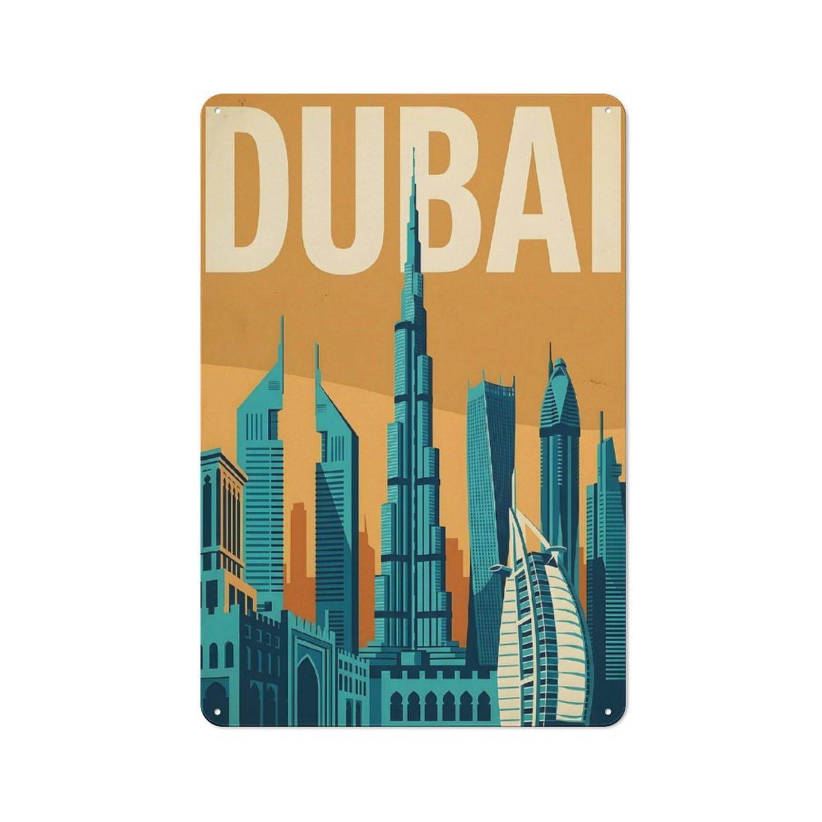 Modern Retro Decorative Metal Plaque 30x20cm Featuring Dubai Skyline Travel, Loft Wall Plaque for Flat, Bar, Studio Or Gallery Wall