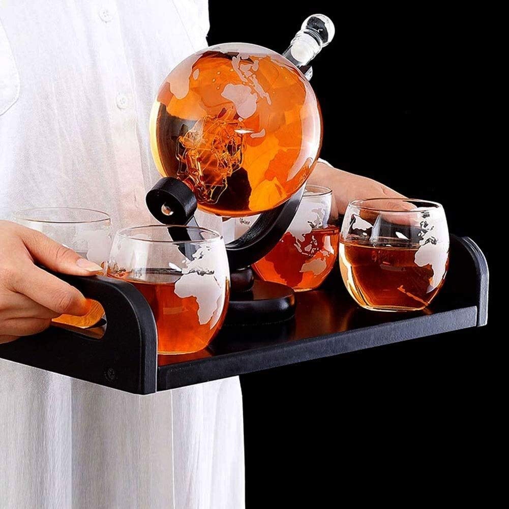 Zestaw karafek do whisky, prezenty dla mężczyzn, szklana karafka do whisky, 1000 ml, karafka do whisky, zestaw z 4 szklankami do whisky, w zestawie z drewnianą tacą, lejek do nalewania ze stali nierdzewnej i kamieniem do whisky