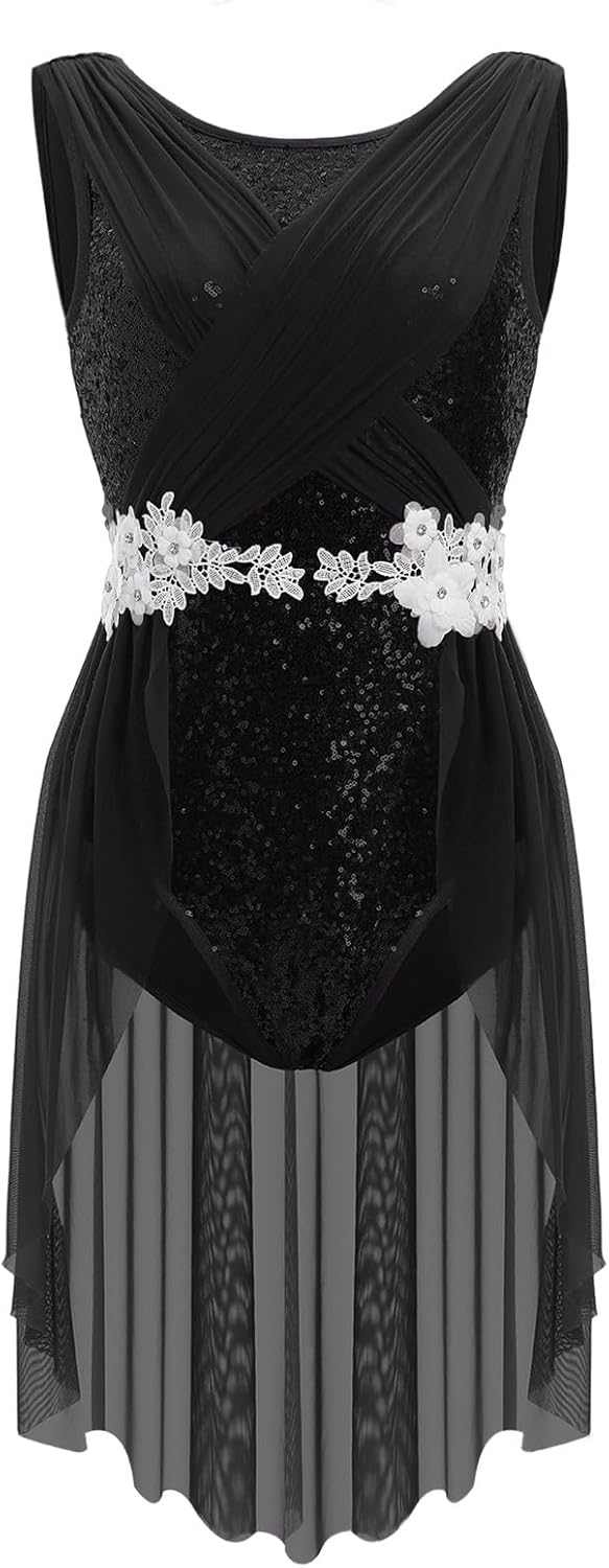 AFAVOM Lyrical Dance Costume for Women Sequin Flower Lyrical Dress Flowy Mesh Tulle Skirt Leotard Contemporary Dance Costumes