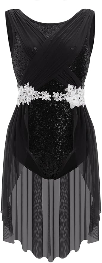 IBAKOM Women Lyrical Dance Costume Criss-Cross Back Floral Lace Sequins Bodice Half Flowy Skirt Contemporary Dance Outfits