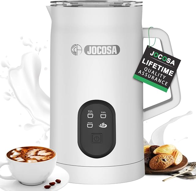 JOCOSA Milk Frother Electric, 4 in 1 Milk Steamer,350ml 400w Cold/Hot Frothing Foam Maker and Milk Warmer for Coffee, Latte, Hot Chocolates, Cappuccino-White