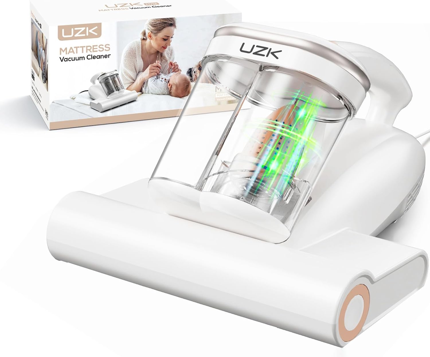 Bed Vacuum Cleaner Mattress Vacuum Cleaner,16Kpa Powerful Handheld Vacuums with UV-C Light & Double Dust Cup & High Heating & Ultrasonic & HEPA Filter for Bed Sofa(Corded,Beige White)