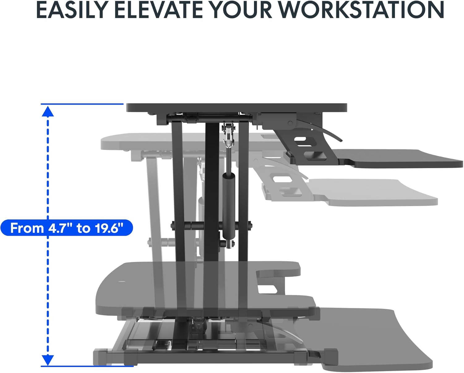ടോപ്പ് ഡൗൺ view of the spacious two-tier design of the desk converter, showing dimensions