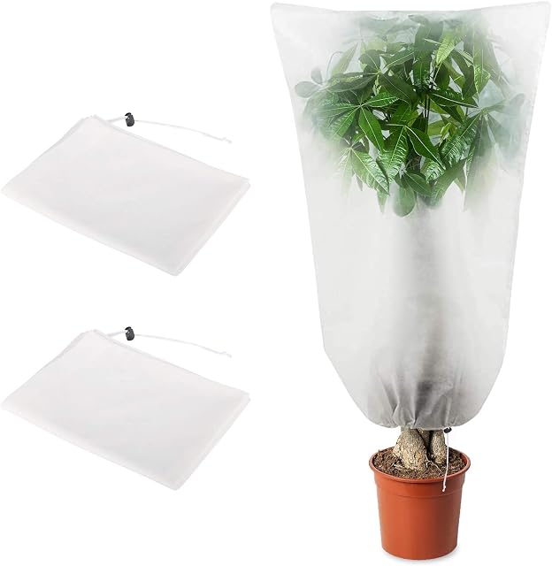 2 Packs Plant Fleece Frost Protection Cover, Outdoor Garden Blanket Warm Covers 80 x 100 cm Anti-freeze Winter Plant Protection Fabric Cloth with Drawstring Prevent Plants From Birds and Insects