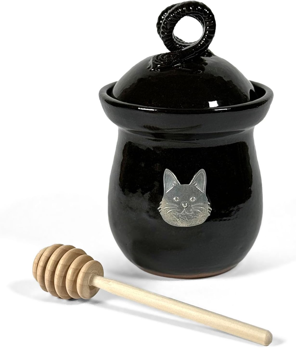 American Handmade Honey Jar with Cat Face Pewter Plaque by MudWorks Pottery, Black