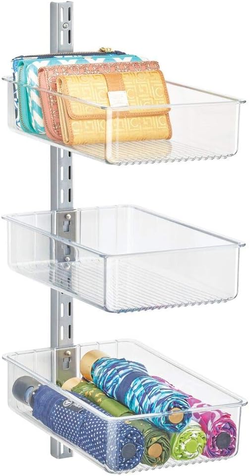 mDesign Plastic Wall Mount Bins with Metal Hanging Bar, 3 Bins Clear