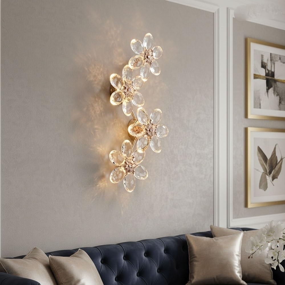 Luxury Modern Gold 4-Head LED Flower Crystal Wall Sconce,Floral Glam Decorative Light Fixture for Bedroom Bedside Living Room Background Wall Entryway Foyer Aesthetic Decor Parlor