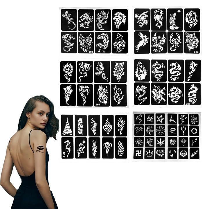 66 PCS Plantillas de Tatuajes Temporales con Purpurina, Hojas de Aerógrafo Patrones Diferentes, Plantillas de Pintura Lavables, Ideal para Cosplay y Fiestas