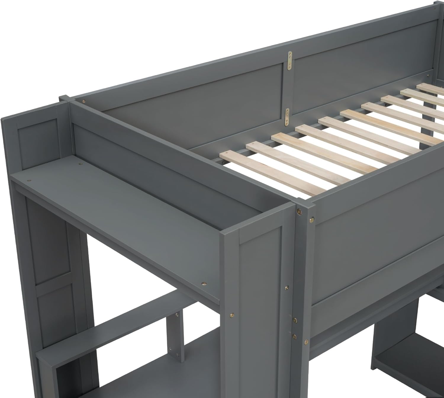 Twin Size Gaming Loft Bed with Desk, Multi-Storage Shelves, LED Light Strip and Charging Station, Wooden Loft Bed Frame with Ladder and Full-Length Guardrail, No Box Spring Needed (Dark Gray-09, Twin)