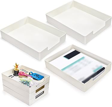 Eorbow 3 Pack Letter Tray, Plastic Stackable A4 Paper Trays, Rectangular Desk Drawer Organizer, File Holder for Desktop, Office Supplies Storage, White