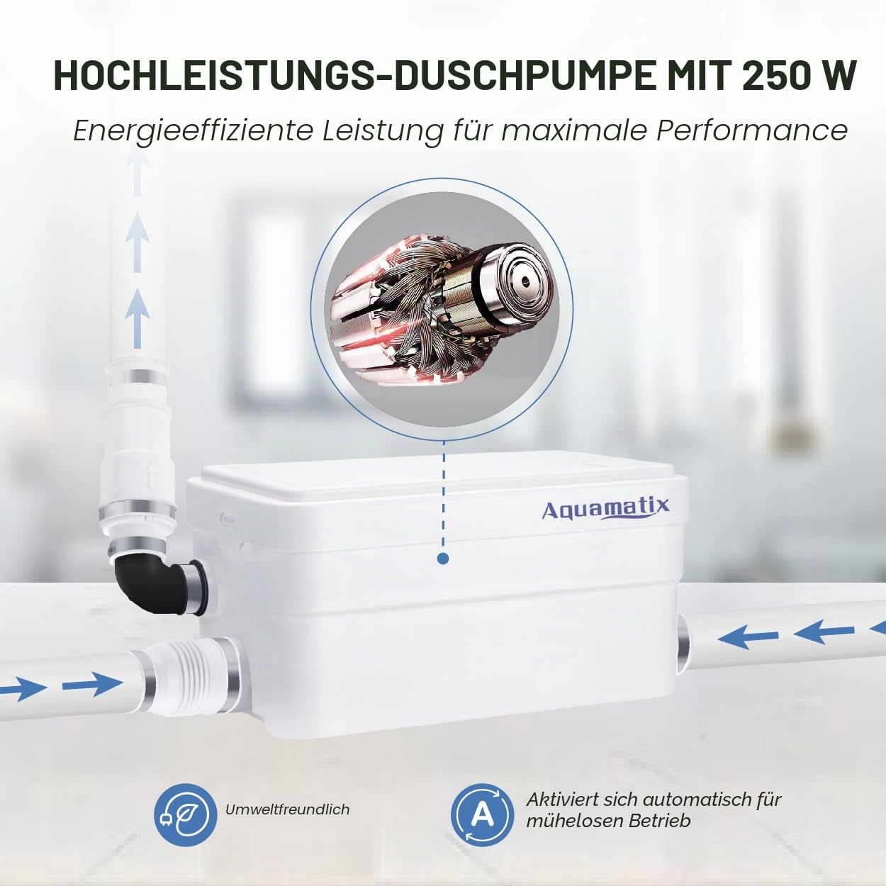 Aquamatix Duscha Duschpumpe 250W Hebeanlage Kompakte Abwasserpumpe, Haushaltspumpe 10m Vertikale Pumpentfernung 135L/min für Duschen, Waschbecken 2 Zuläufe