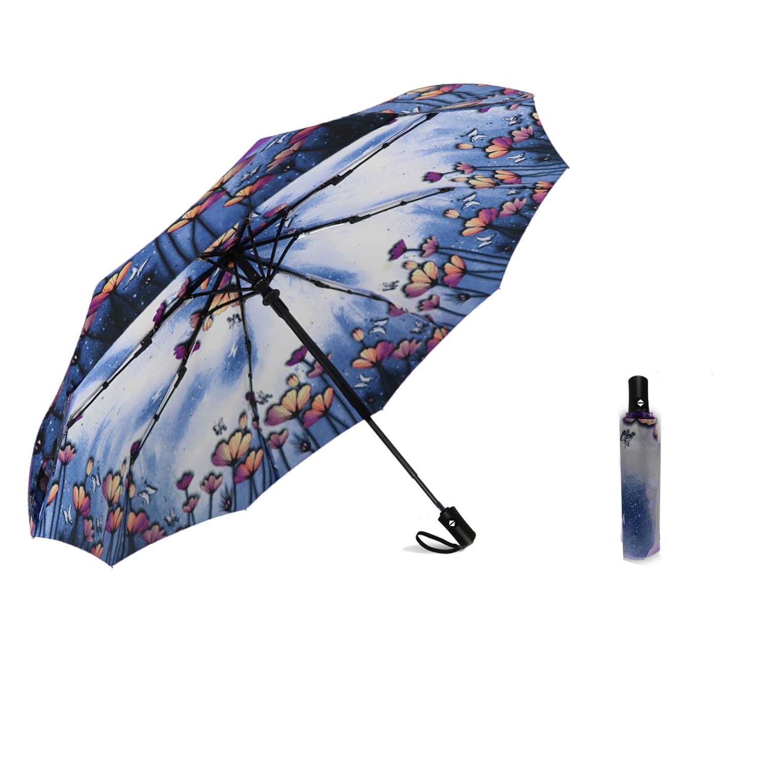 SIEPASA Windproof Travel Compact Umbrella - Automatic Folding Umbrella for Rain, Small Portable Umbrellas for Men Women Teenage (Lotus Butterfly)