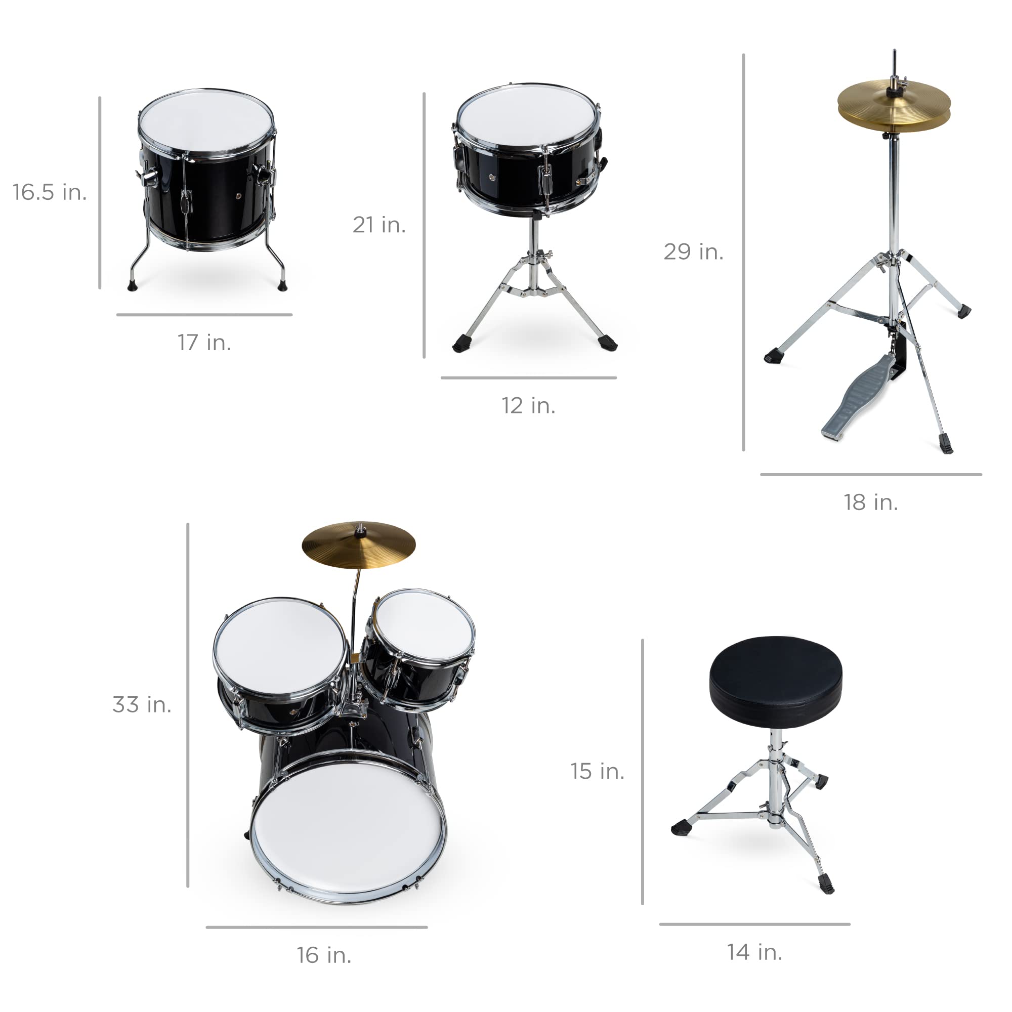 Juego de batería para principiantes de 5 piezas para niños, kit junior, percusión de inicio con platillos, pedal, baquetas, taburete, toms, caja, sombrero de hola, color negro 7