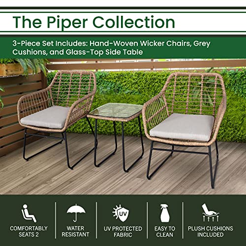 Hanover Piper 3-Piece Indoor Outdoor Wicker Bistro Seating, Boho Patio Furniture Conversation Set, Glass Top Side Table, All-Weather, Grey-Piper3Pc-Gry, Gray #TOP2