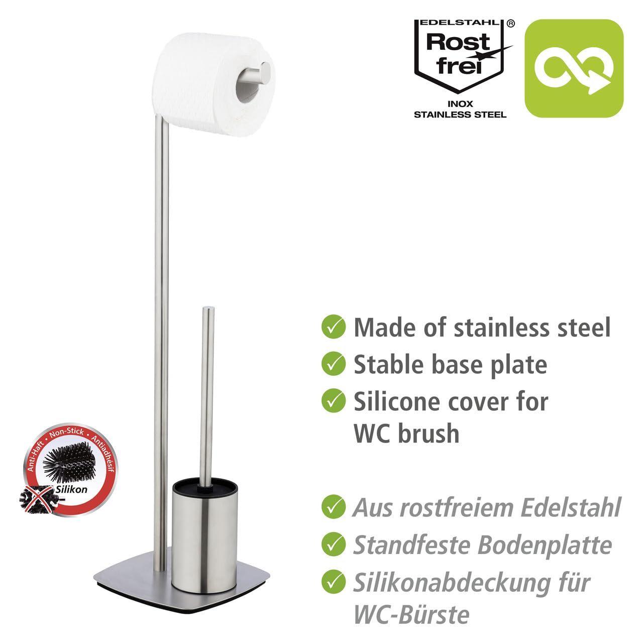 WENKO Stand WC-Garnitur Mod. Iria Toilettenbürste mit Toilettenpapierhalter freistehend für Gäste-WC aus Edelstahl mit Silikonbürste Klobürste rostfrei schwere Bodenplatte 23x72x20 cm satiniert matt