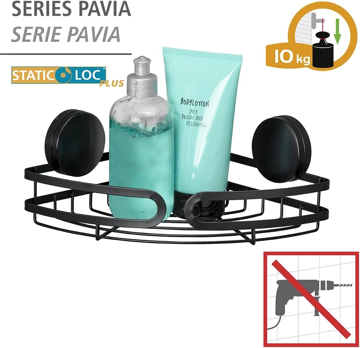 Wenko Static-Loc Plus Corner Shelf Pavia Black holding toiletries, showing 10kg weight capacity and no drilling required.