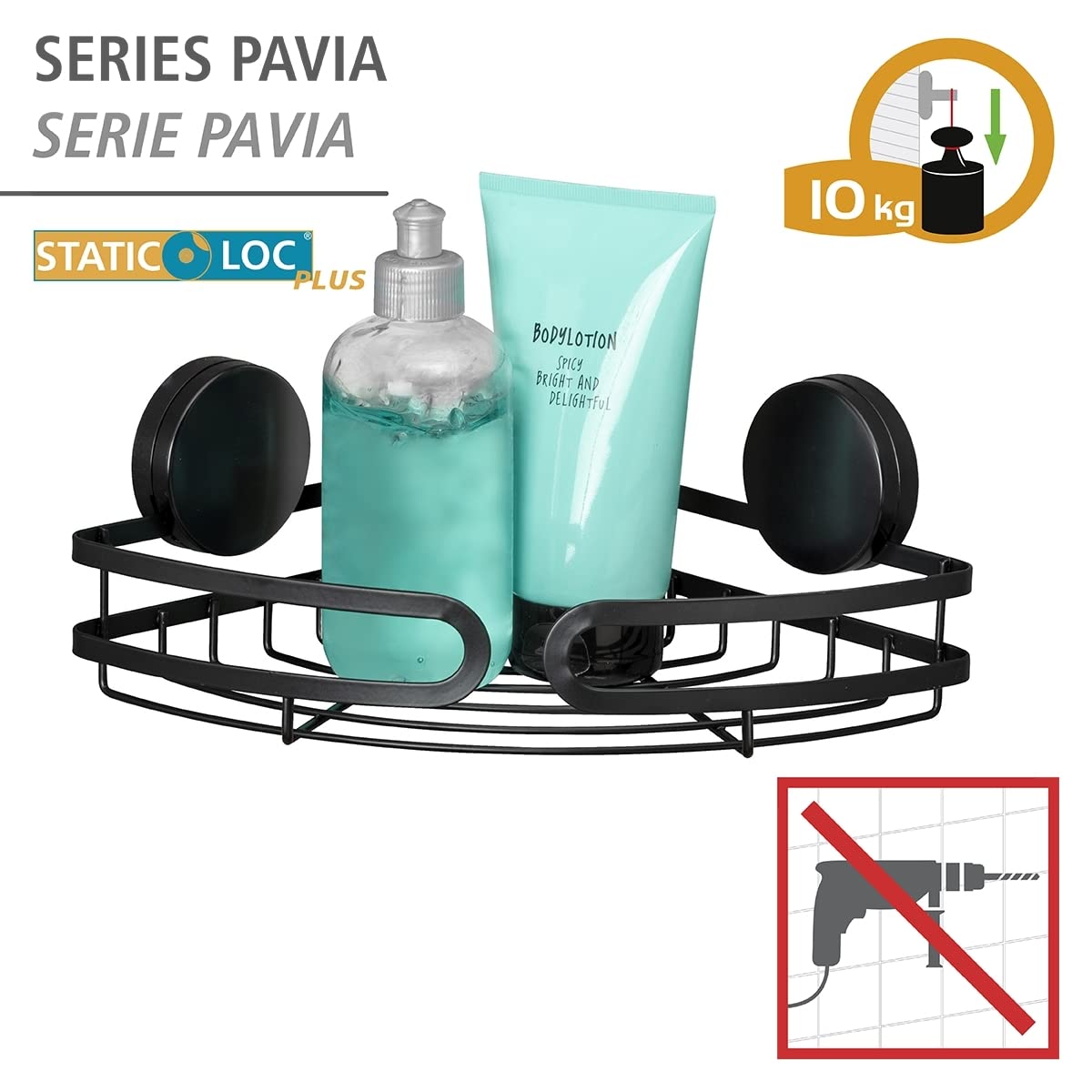 WENKO Static-Loc® Plus półka narożna Pavia czarna, regał łazienkowy, mocowanie bez wiercenia, bezpieczne trzymanie dzięki statycznej przyczepności na gładkich, nieprzepuszczających powietrza