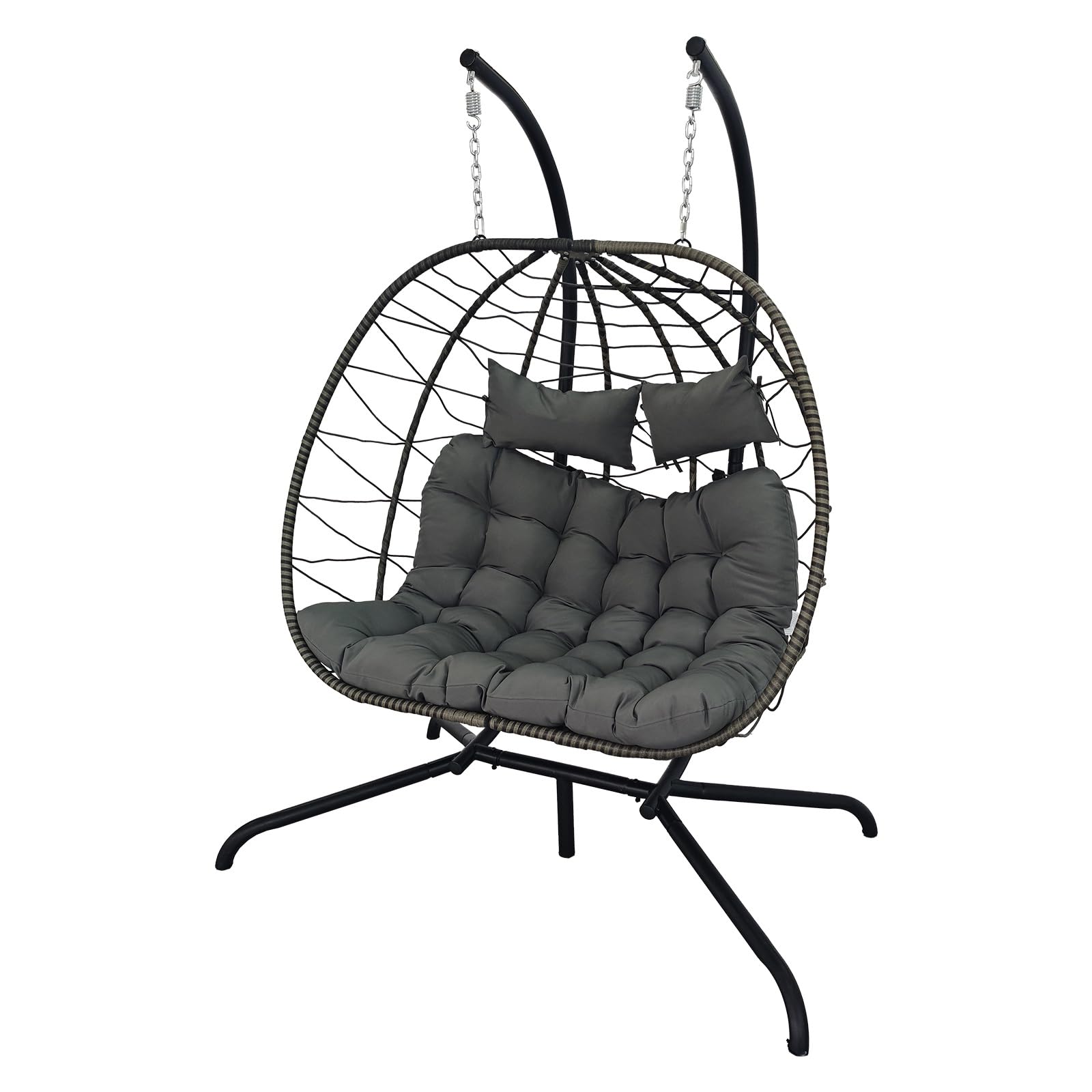 BIRCHTREE Hanging Egg Chair with Thick Cushions and Stand Garden Swing Hammock Chair Indoor Outdoor Sturdy Frame PE Rattan Double for Patio Balcony Grey