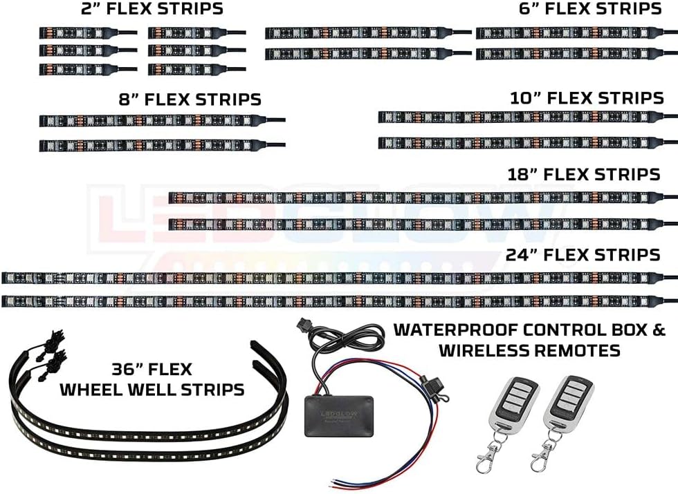 LEDGlow 20pc LiteTrike Advanced Million Color LED Kit with Wheel Well Lights for Trike Motorcycles - 15 Solid Colors - 6 Patterns - Flexible Multi-Color Strips - Waterproof Control Box & Remotes