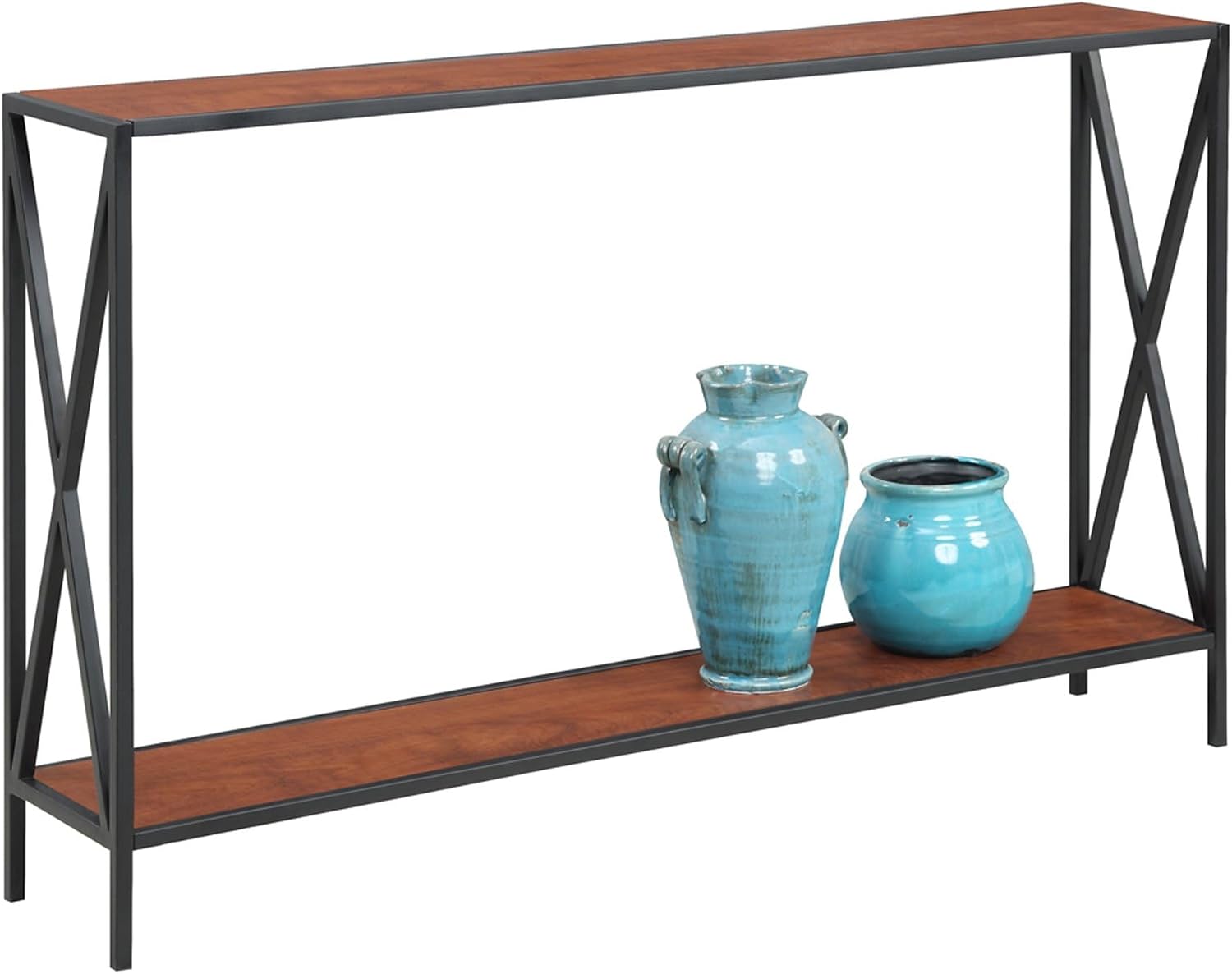 Pemberly Row Industrial Console Table, Black Metal and Cherry Wood Finish, 29" H x 9" W x 47.25" D, Bottom Shelf for Storage, Cross Frame Design, Living Room or Entryway Furniture